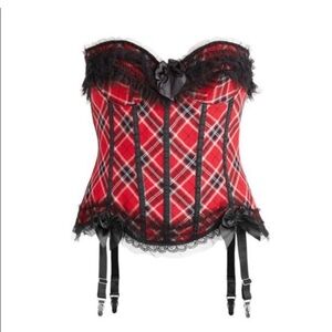 Elegant Red Plaid Corset with Black Lace